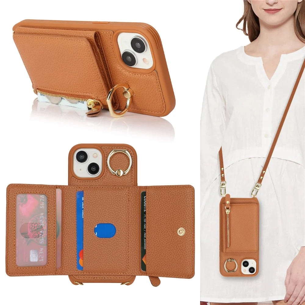 For iPhone 15 Plus / 14 Plus Case Card Bag PU Leather+TPU Phone Cover with Ring Kickstand - Brown - 5