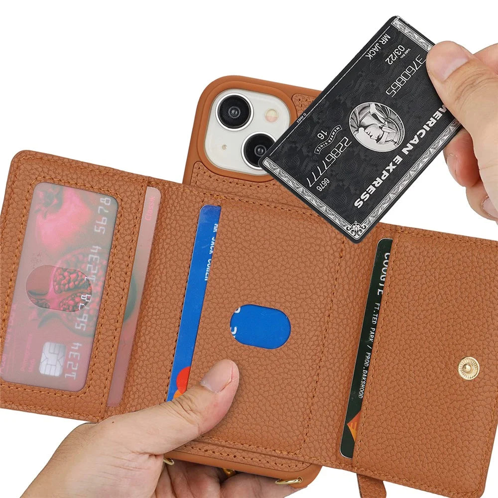 For iPhone 15 Plus / 14 Plus Case Card Bag PU Leather+TPU Phone Cover with Ring Kickstand - Brown - 6