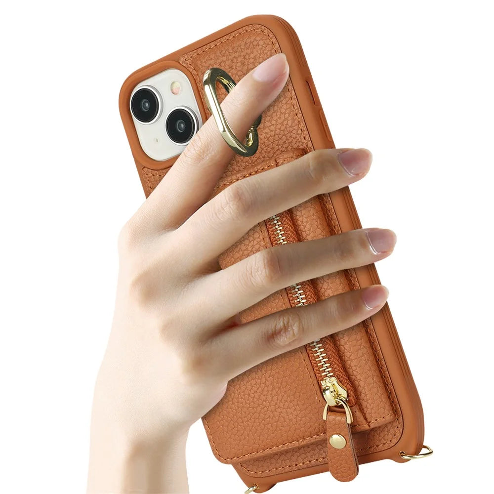 For iPhone 15 Plus / 14 Plus Case Card Bag PU Leather+TPU Phone Cover with Ring Kickstand - Brown - 7