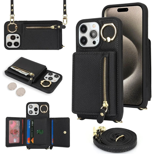 For iPhone 15 Pro Max Case Card Bag PU Leather+TPU Ring Kickstand Phone Cover with Long Strap - Black - 1