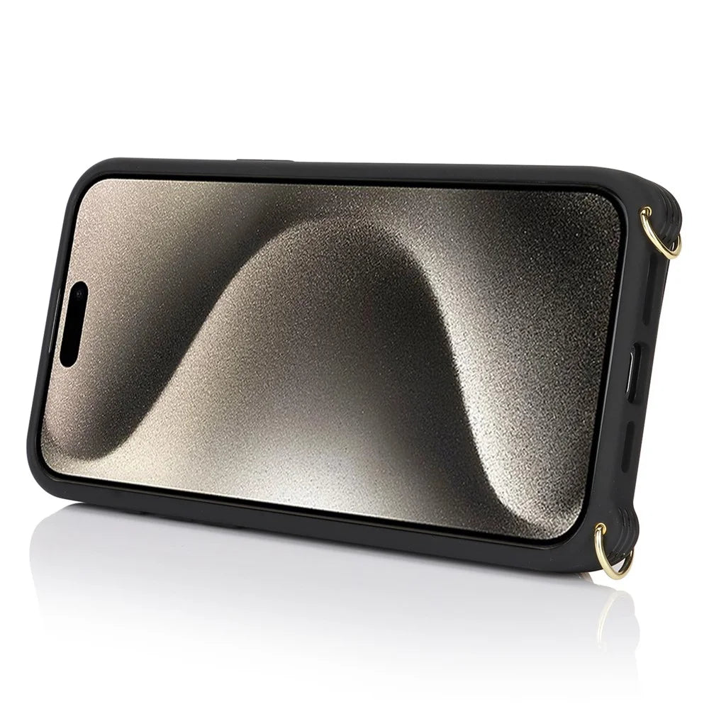 For iPhone 15 Pro Max Case Card Bag PU Leather+TPU Ring Kickstand Phone Cover with Long Strap - Black - 3