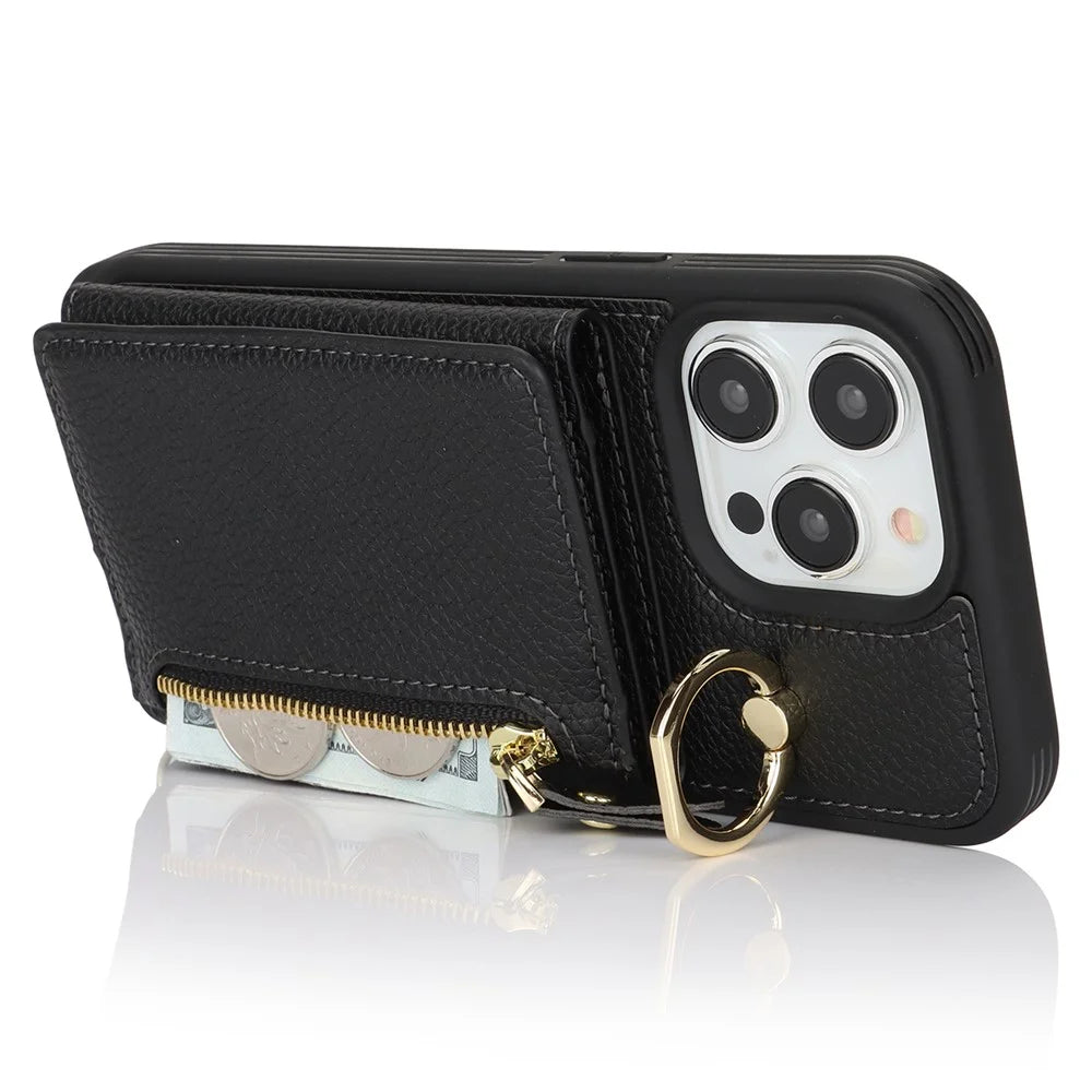 For iPhone 15 Pro Max Case Card Bag PU Leather+TPU Ring Kickstand Phone Cover with Long Strap - Black - 4