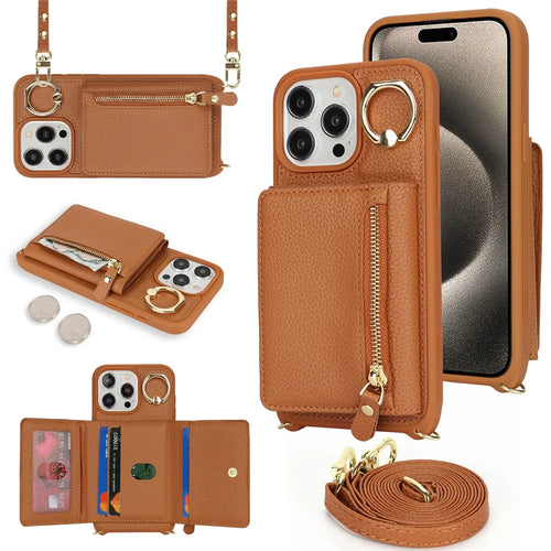 For iPhone 15 Pro Case Zipper Pocket Card Holder Leather+TPU Phone Cover with Ring Kickstand - Brown - 1