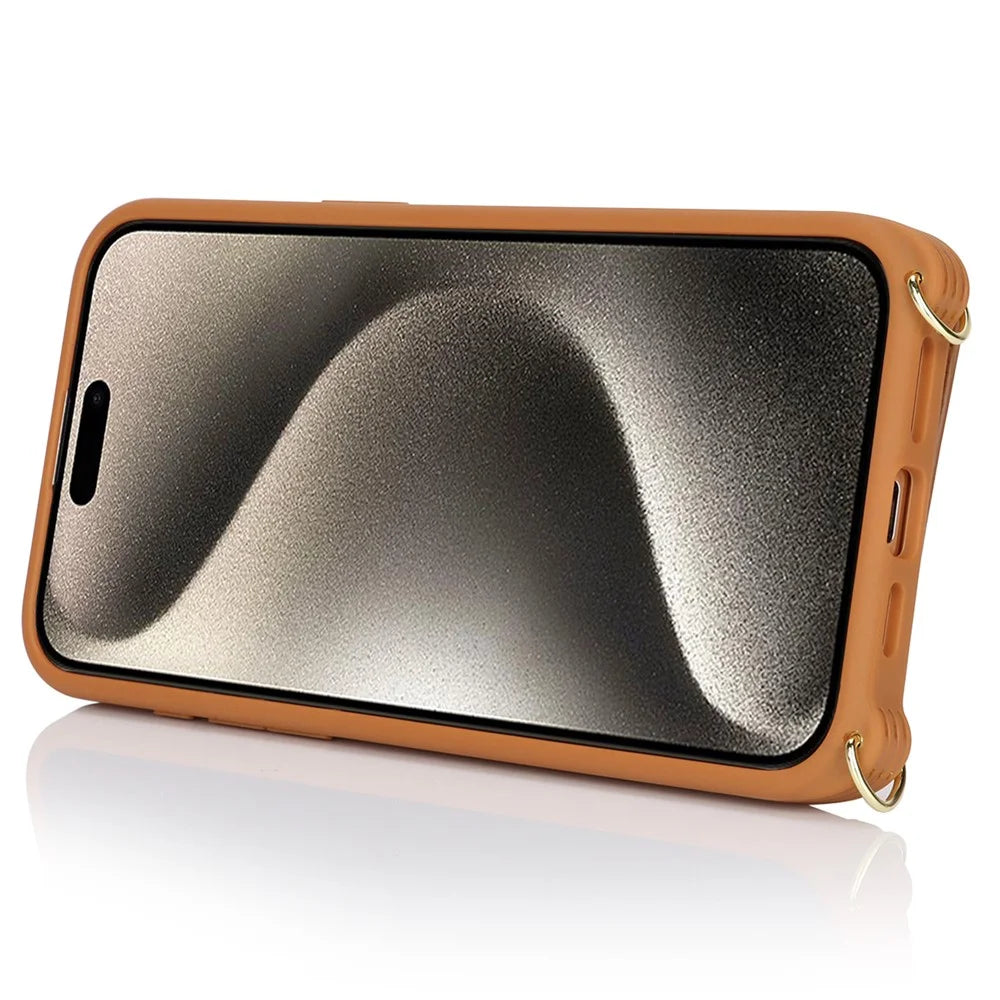 For iPhone 15 Pro Case Zipper Pocket Card Holder Leather+TPU Phone Cover with Ring Kickstand - Brown - 3