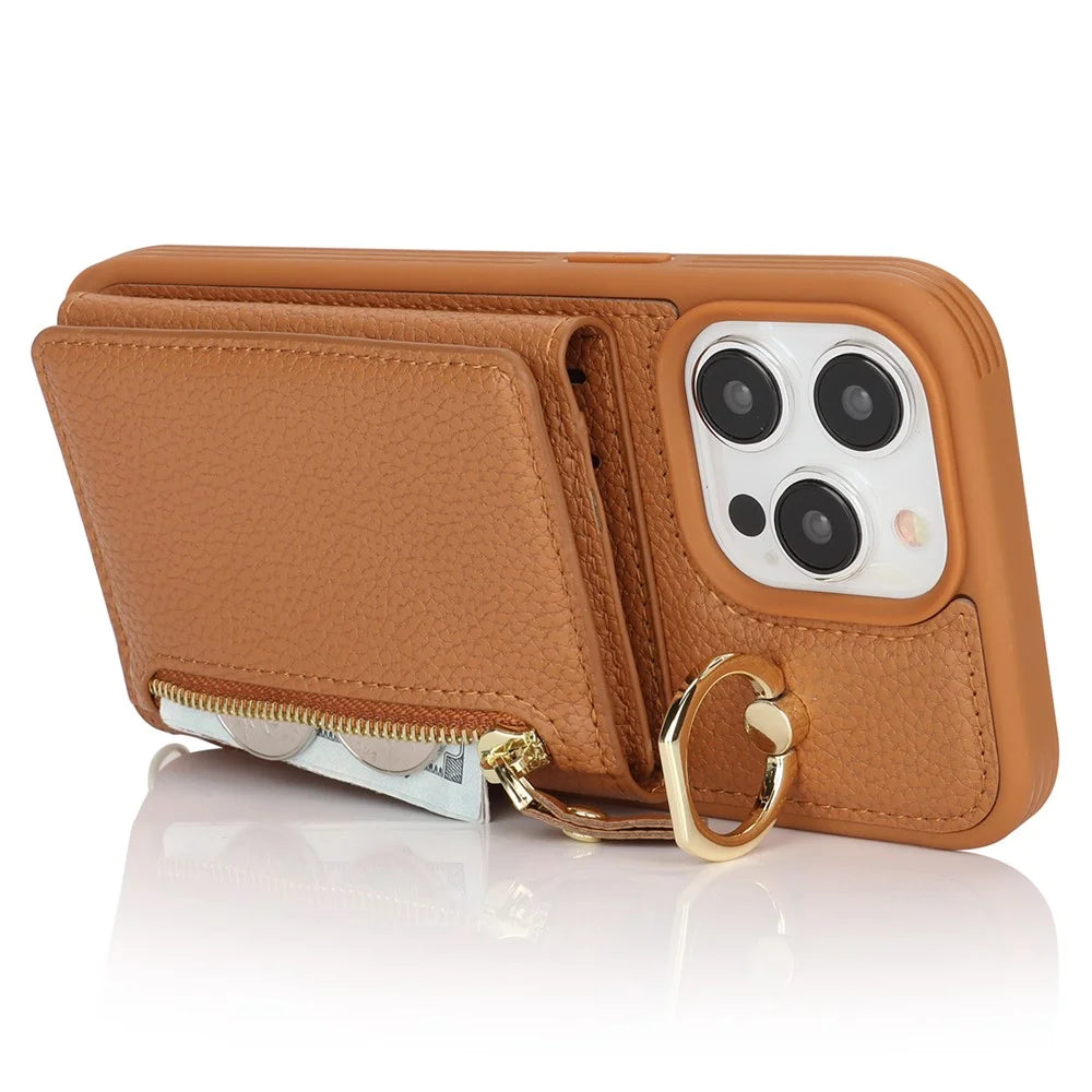For iPhone 15 Pro Case Zipper Pocket Card Holder Leather+TPU Phone Cover with Ring Kickstand - Brown - 4