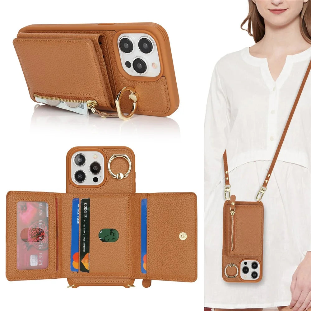 For iPhone 15 Pro Case Zipper Pocket Card Holder Leather+TPU Phone Cover with Ring Kickstand - Brown - 7