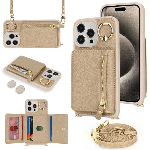 For iPhone 14 Pro Case Card Bag Ring Kickstand PU Leather+TPU Phone Cover with Shoulder Strap - Beige - 1