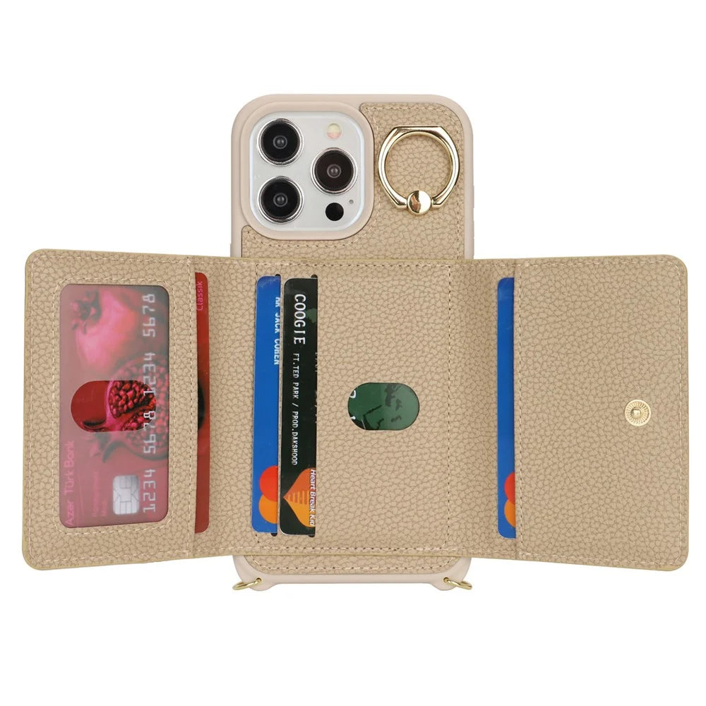 For iPhone 14 Pro Case Card Bag Ring Kickstand PU Leather+TPU Phone Cover with Shoulder Strap - Beige - 2