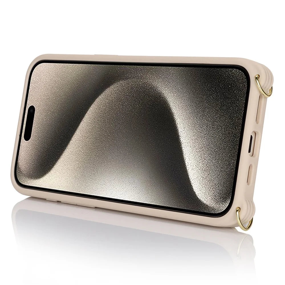 For iPhone 14 Pro Case Card Bag Ring Kickstand PU Leather+TPU Phone Cover with Shoulder Strap - Beige - 3