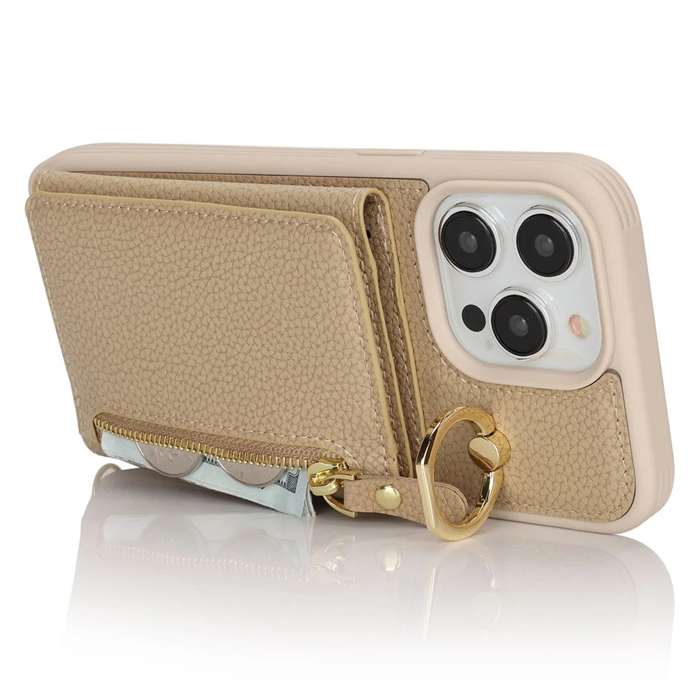 For iPhone 14 Pro Case Card Bag Ring Kickstand PU Leather+TPU Phone Cover with Shoulder Strap - Beige - 4