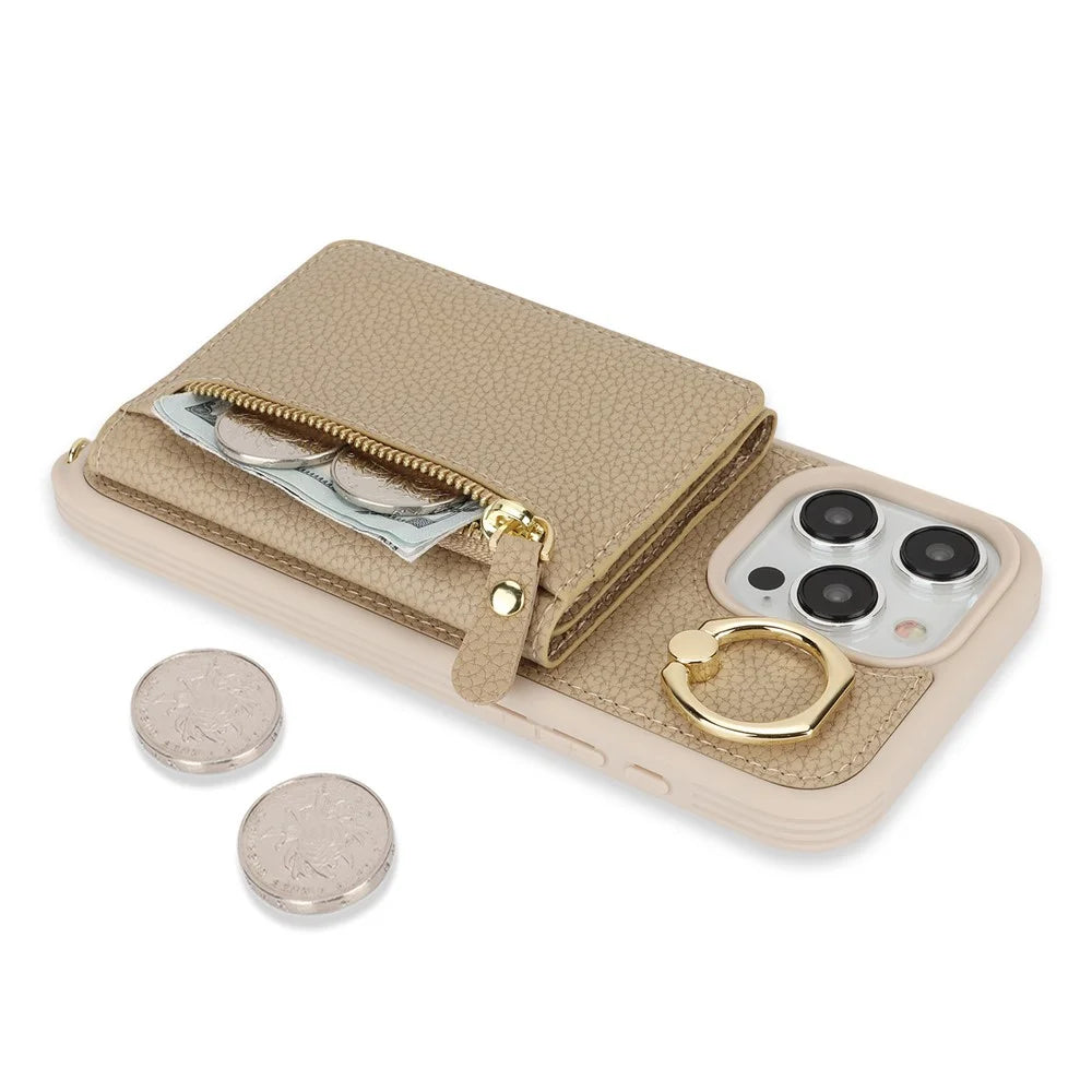 For iPhone 14 Pro Case Card Bag Ring Kickstand PU Leather+TPU Phone Cover with Shoulder Strap - Beige - 6