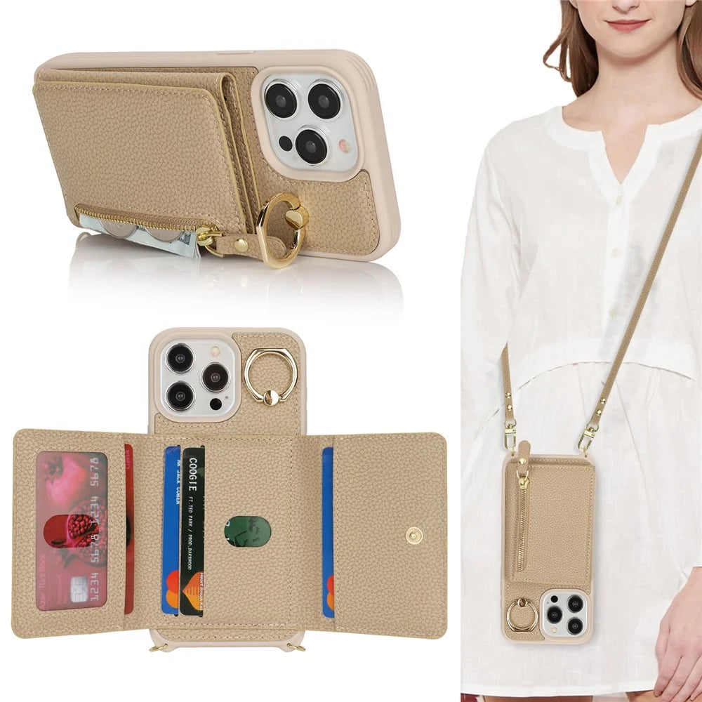 For iPhone 14 Pro Case Card Bag Ring Kickstand PU Leather+TPU Phone Cover with Shoulder Strap - Beige - 7