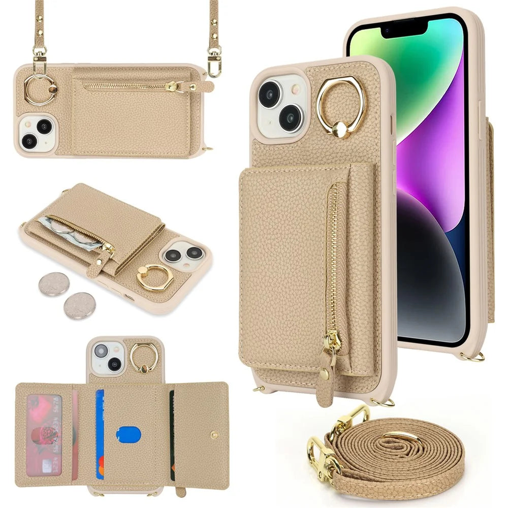 For iPhone 14 / 13 Case Litchi Texture Card Bag Leather+TPU Crossbody Phone Cover with Ring Kickstand - Beige - 1
