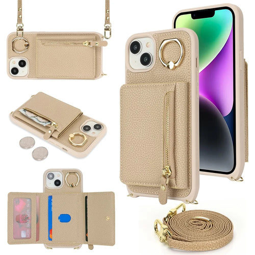 For iPhone 14 / 13 Case Litchi Texture Card Bag Leather+TPU Crossbody Phone Cover with Ring Kickstand - Beige - 1