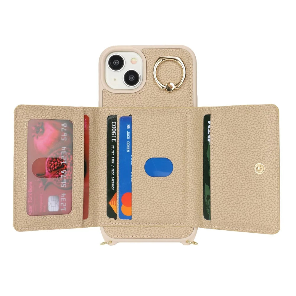 For iPhone 14 / 13 Case Litchi Texture Card Bag Leather+TPU Crossbody Phone Cover with Ring Kickstand - Beige - 2