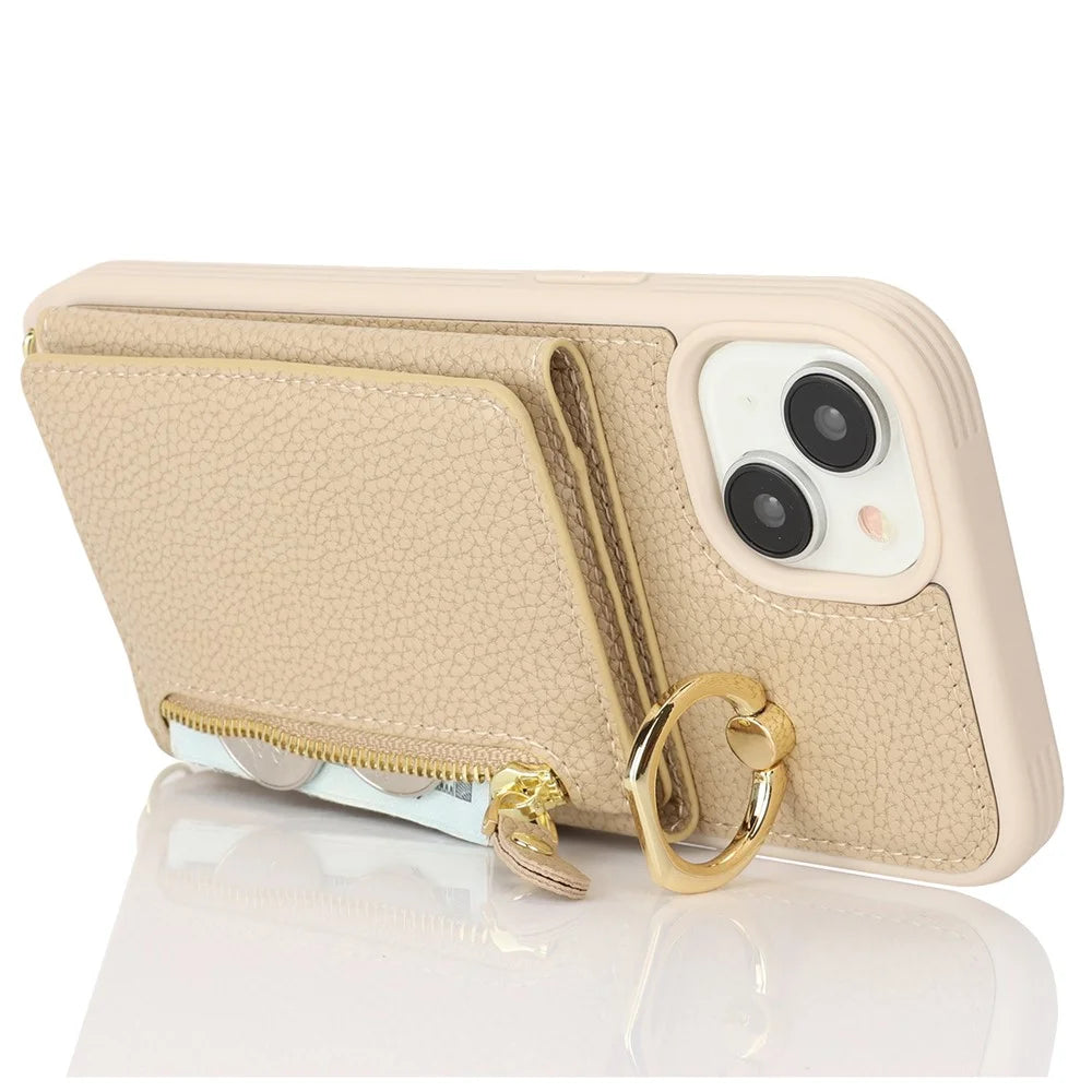 For iPhone 14 / 13 Case Litchi Texture Card Bag Leather+TPU Crossbody Phone Cover with Ring Kickstand - Beige - 4