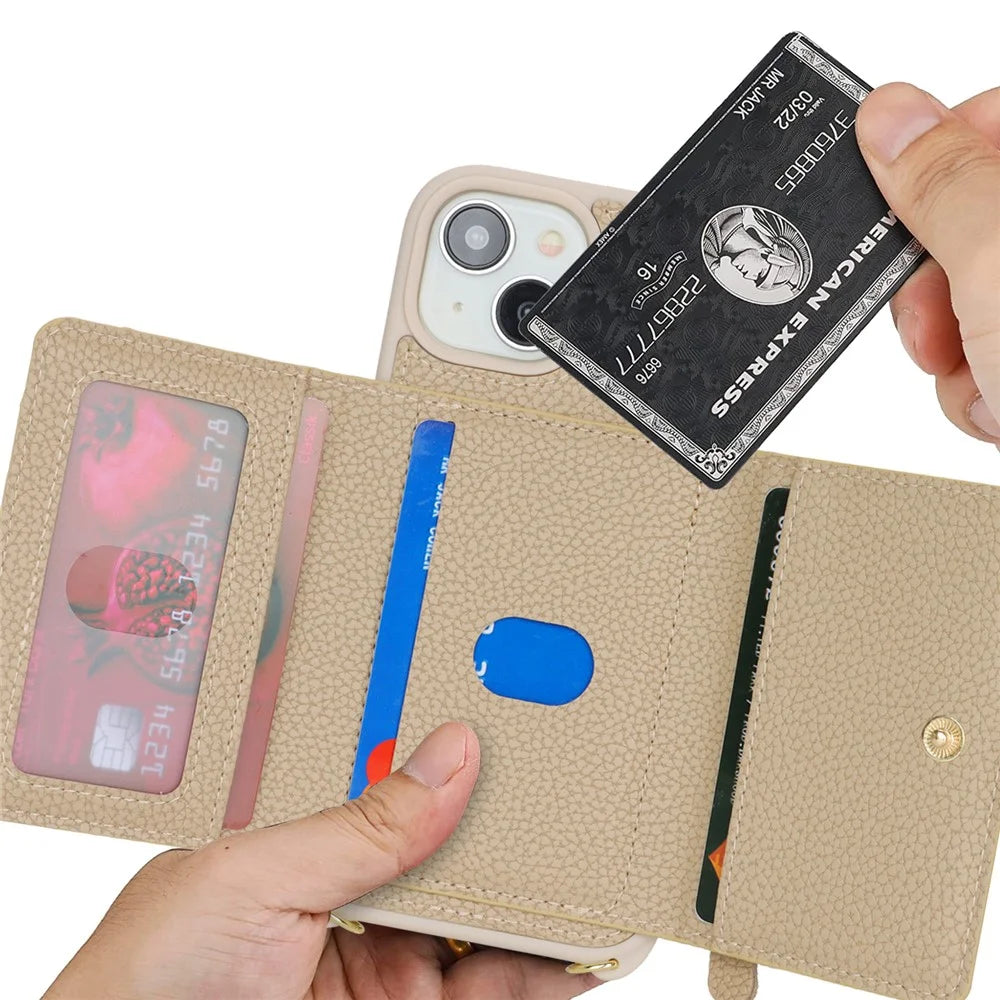 For iPhone 14 / 13 Case Litchi Texture Card Bag Leather+TPU Crossbody Phone Cover with Ring Kickstand - Beige - 5