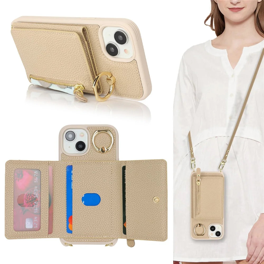 For iPhone 14 / 13 Case Litchi Texture Card Bag Leather+TPU Crossbody Phone Cover with Ring Kickstand - Beige - 6