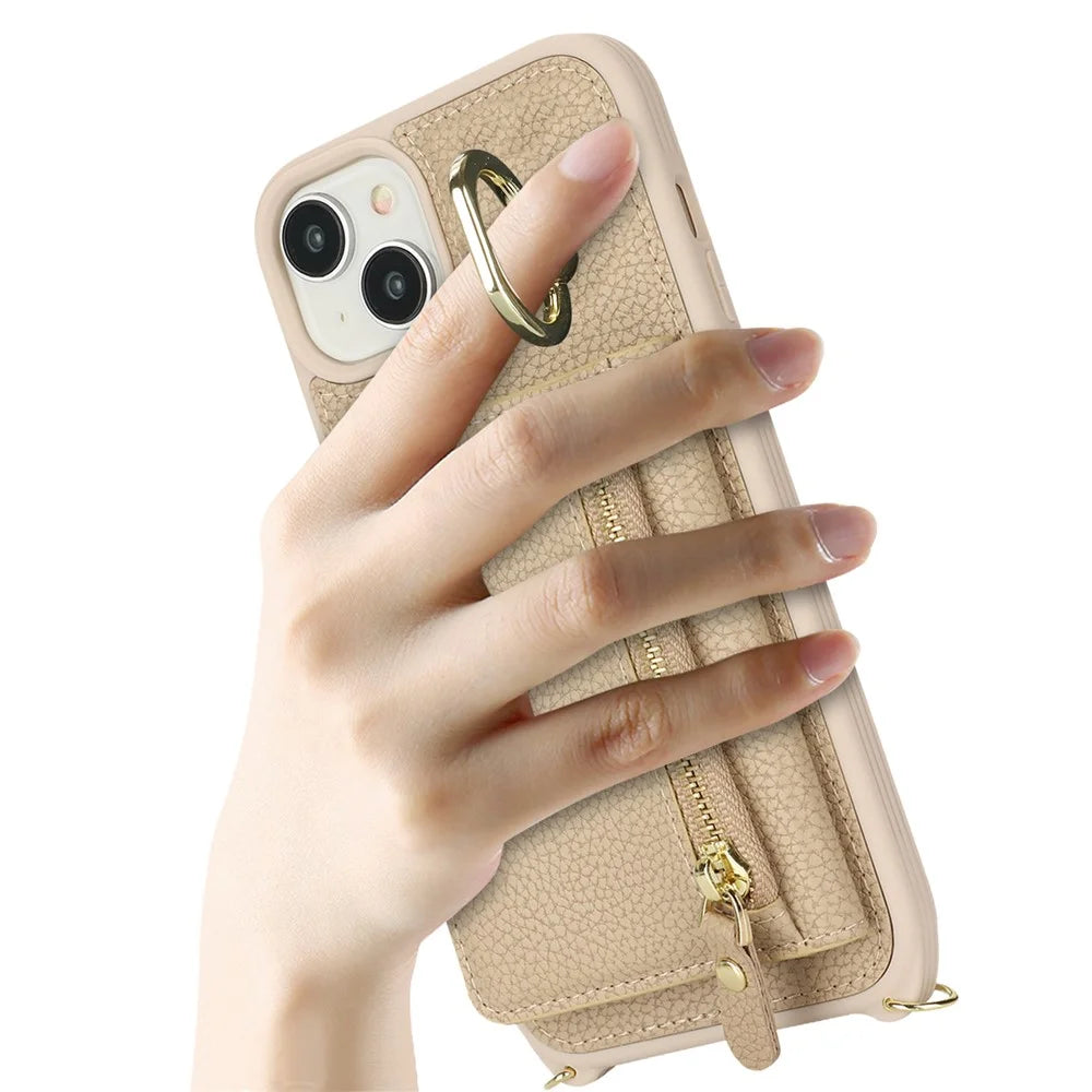 For iPhone 14 / 13 Case Litchi Texture Card Bag Leather+TPU Crossbody Phone Cover with Ring Kickstand - Beige - 7