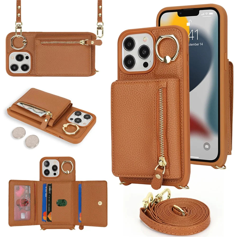 For iPhone 13 Pro Case Zipper Pocket Ring Kickstand PU Leather+TPU Phone Cover with Long Strap - Brown - 1