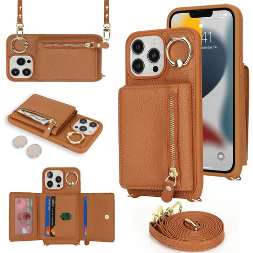 For iPhone 13 Pro Case Zipper Pocket Ring Kickstand PU Leather+TPU Phone Cover with Long Strap - Brown - 1
