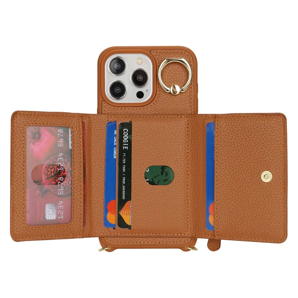 For iPhone 13 Pro Case Zipper Pocket Ring Kickstand PU Leather+TPU Phone Cover with Long Strap - Brown - 2