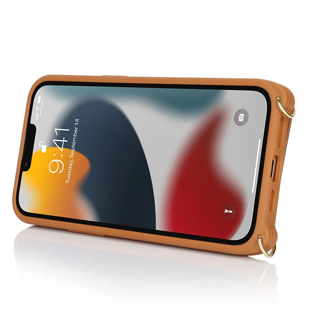 For iPhone 13 Pro Case Zipper Pocket Ring Kickstand PU Leather+TPU Phone Cover with Long Strap - Brown - 3