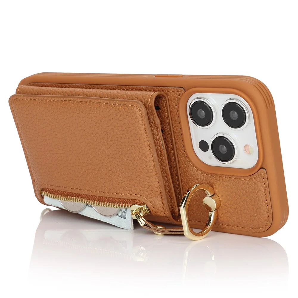For iPhone 13 Pro Case Zipper Pocket Ring Kickstand PU Leather+TPU Phone Cover with Long Strap - Brown - 4