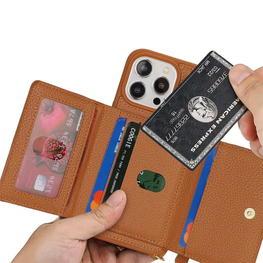For iPhone 13 Pro Case Zipper Pocket Ring Kickstand PU Leather+TPU Phone Cover with Long Strap - Brown - 5