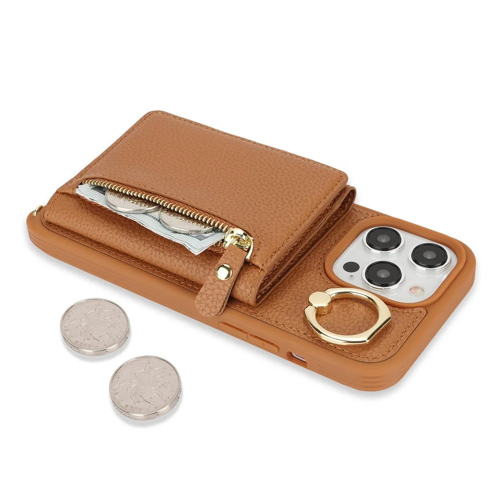 For iPhone 13 Pro Case Zipper Pocket Ring Kickstand PU Leather+TPU Phone Cover with Long Strap - Brown - 6
