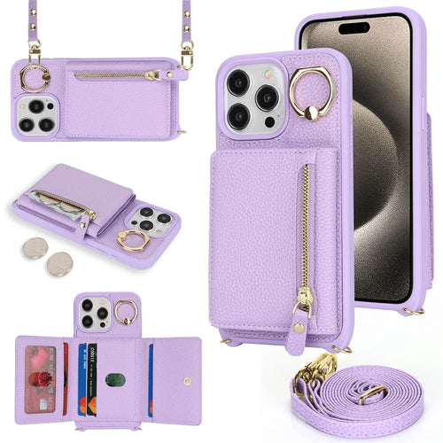 For iPhone 14 Pro Max Case Card Holder Wallet Leather+TPU Crossbody Phone Cover with Ring Kickstand - Purple - 1