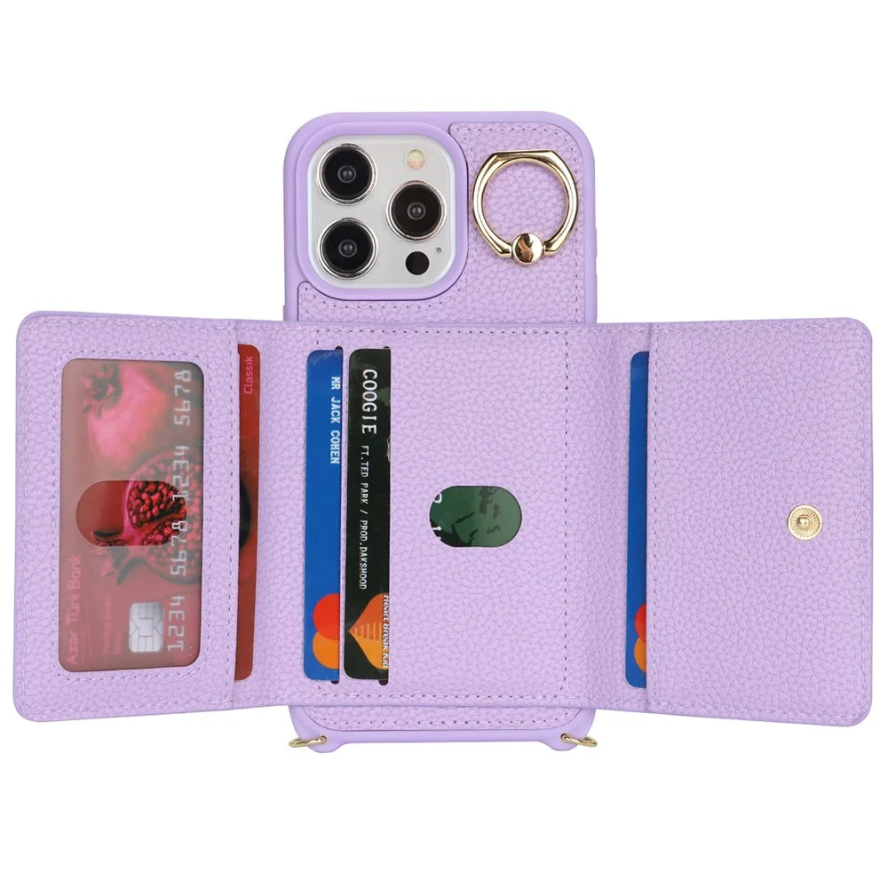For iPhone 14 Pro Max Case Card Holder Wallet Leather+TPU Crossbody Phone Cover with Ring Kickstand - Purple - 2