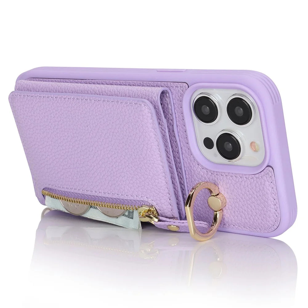 For iPhone 14 Pro Max Case Card Holder Wallet Leather+TPU Crossbody Phone Cover with Ring Kickstand - Purple - 4