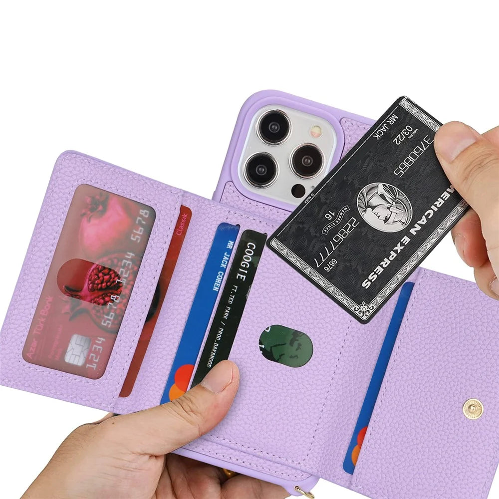 For iPhone 14 Pro Max Case Card Holder Wallet Leather+TPU Crossbody Phone Cover with Ring Kickstand - Purple - 5