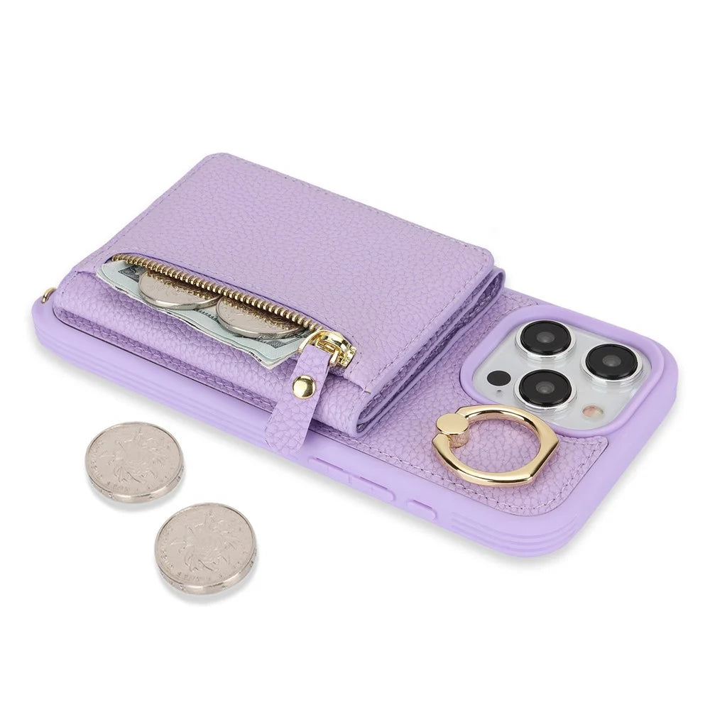 For iPhone 14 Pro Max Case Card Holder Wallet Leather+TPU Crossbody Phone Cover with Ring Kickstand - Purple - 6