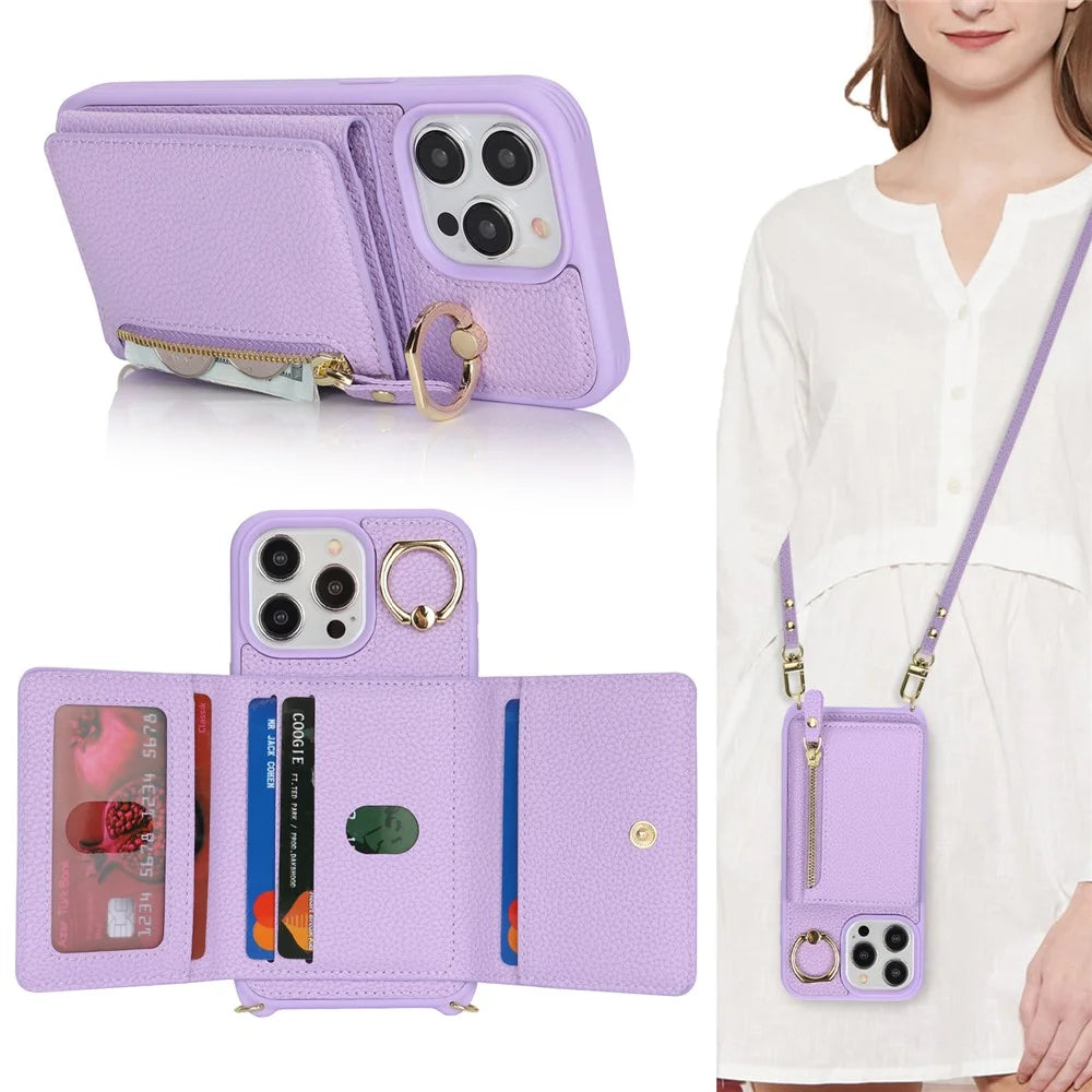 For iPhone 14 Pro Max Case Card Holder Wallet Leather+TPU Crossbody Phone Cover with Ring Kickstand - Purple - 7