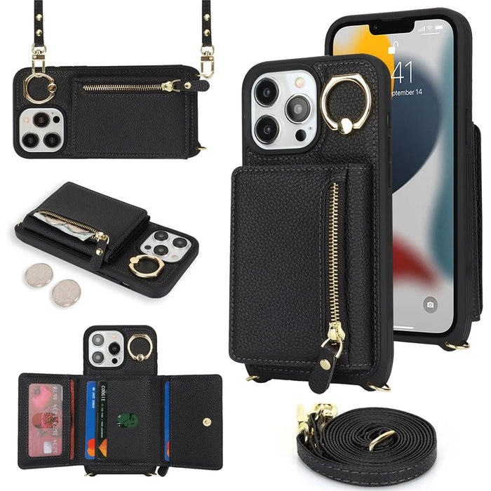 For iPhone 13 Pro Max / 12 Pro Max Case Litchi Texture Card Bag Leather+TPU Phone Cover with Long Strap - Black - 1