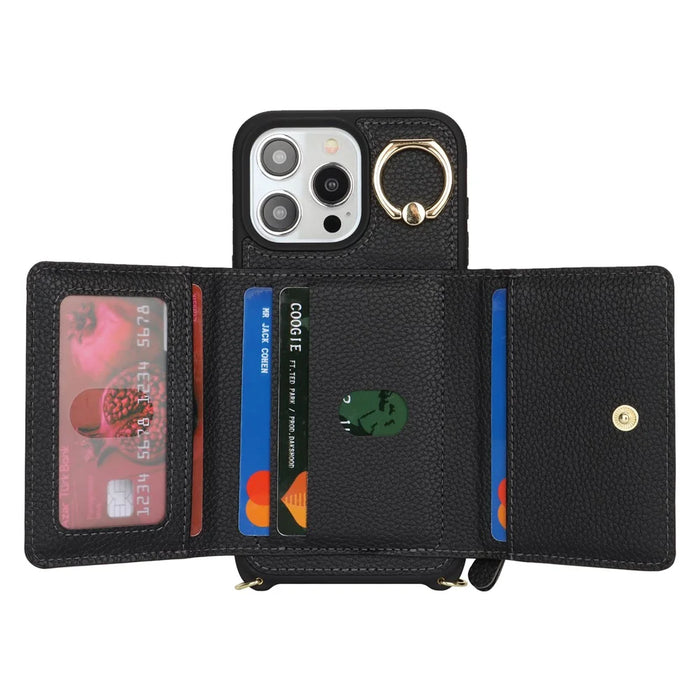 For iPhone 13 Pro Max / 12 Pro Max Case Litchi Texture Card Bag Leather+TPU Phone Cover with Long Strap - Black - 2
