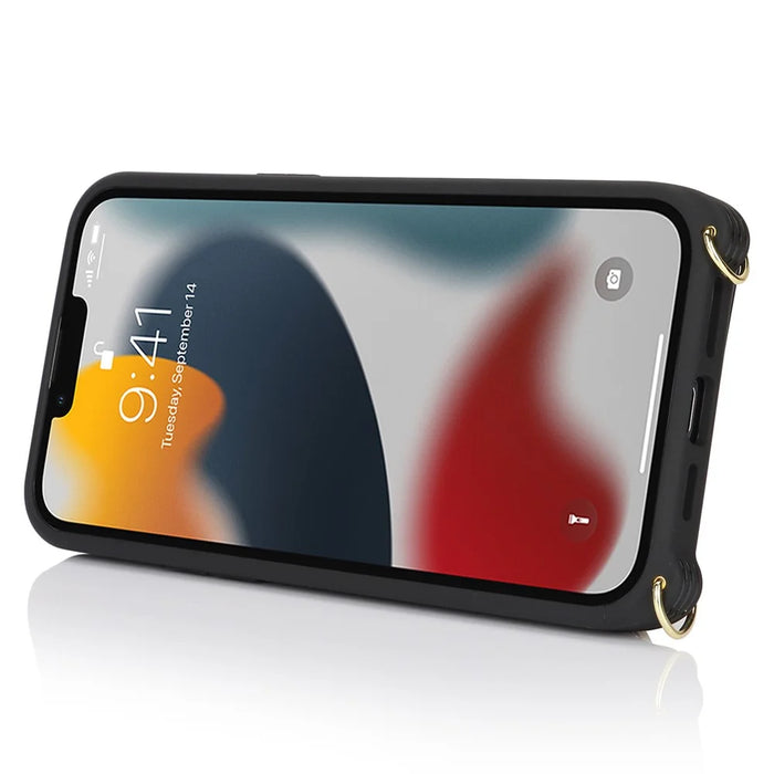 For iPhone 13 Pro Max / 12 Pro Max Case Litchi Texture Card Bag Leather+TPU Phone Cover with Long Strap - Black - 3