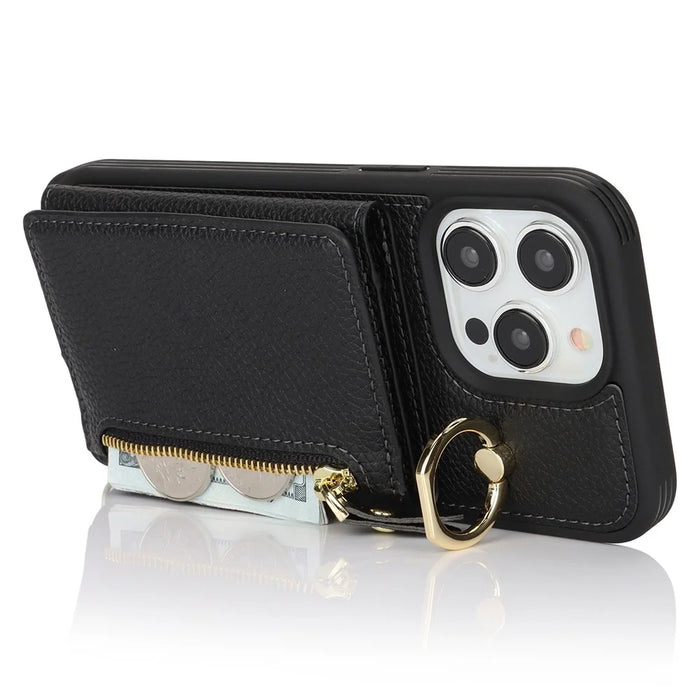 For iPhone 13 Pro Max / 12 Pro Max Case Litchi Texture Card Bag Leather+TPU Phone Cover with Long Strap - Black - 4