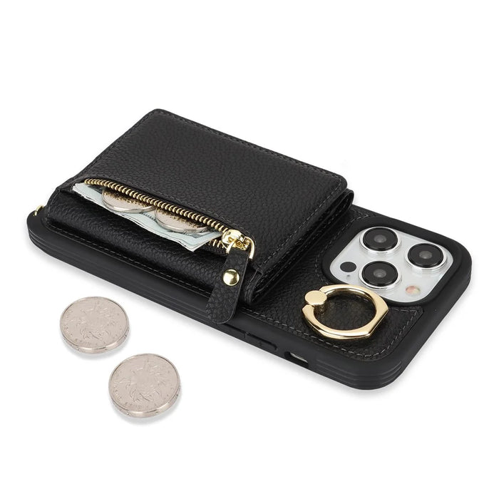 For iPhone 13 Pro Max / 12 Pro Max Case Litchi Texture Card Bag Leather+TPU Phone Cover with Long Strap - Black - 6