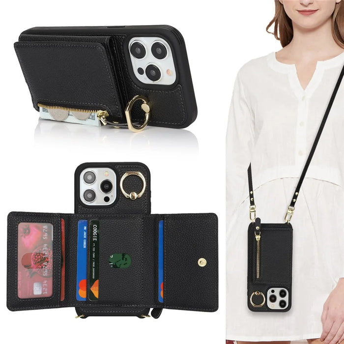For iPhone 13 Pro Max / 12 Pro Max Case Litchi Texture Card Bag Leather+TPU Phone Cover with Long Strap - Black - 7