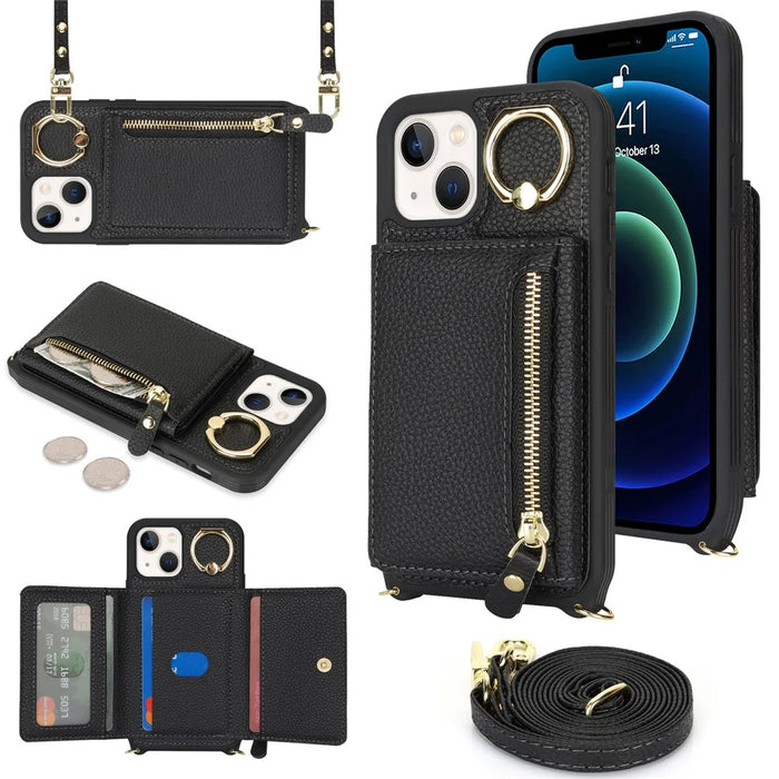 For iPhone 13 mini Case Card Bag Zipper Pocket Leather+TPU Ring Holder Phone Cover with Long Strap - Black - 1