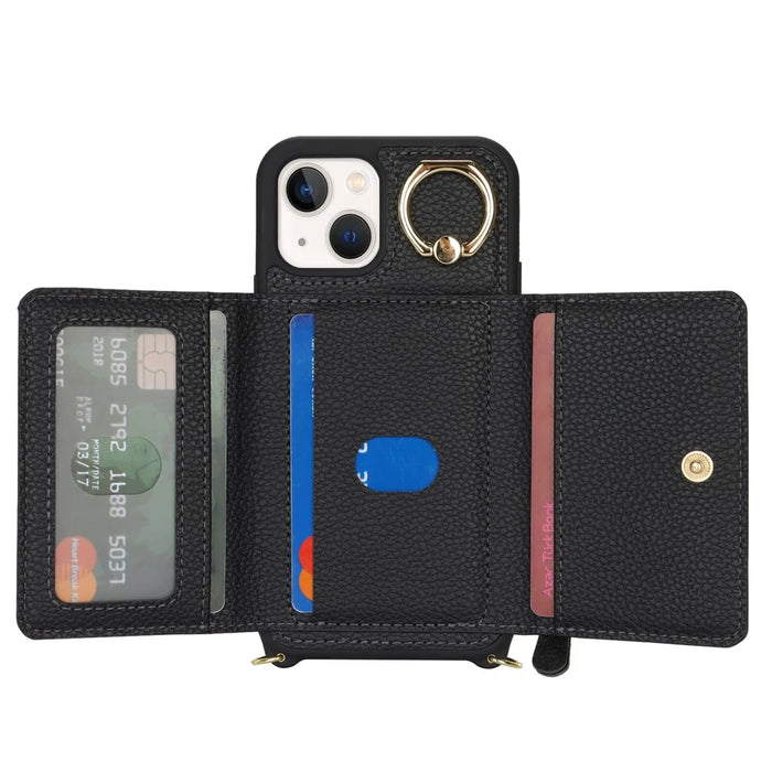 For iPhone 13 mini Case Card Bag Zipper Pocket Leather+TPU Ring Holder Phone Cover with Long Strap - Black - 2