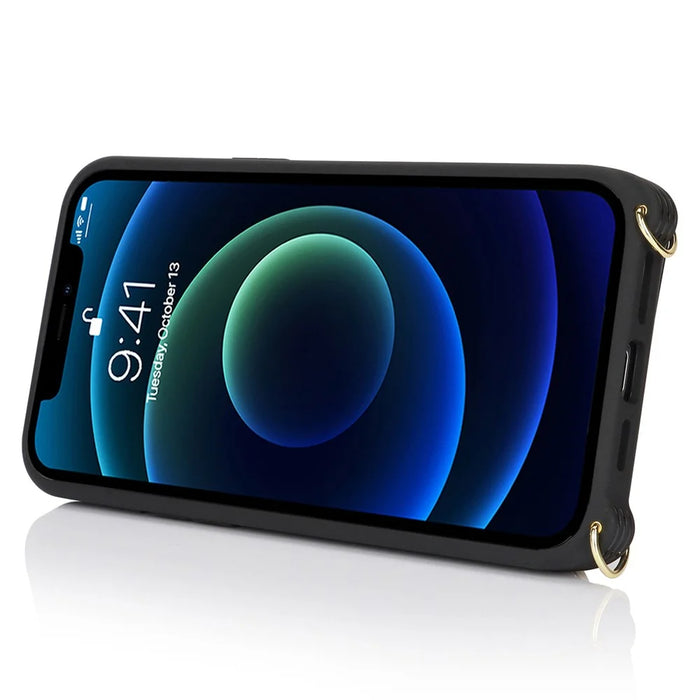 For iPhone 13 mini Case Card Bag Zipper Pocket Leather+TPU Ring Holder Phone Cover with Long Strap - Black - 3