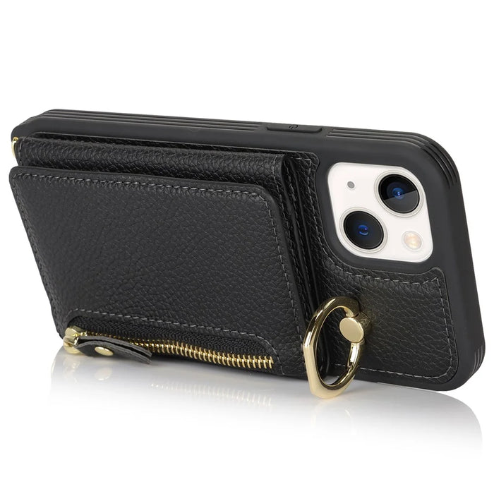 For iPhone 13 mini Case Card Bag Zipper Pocket Leather+TPU Ring Holder Phone Cover with Long Strap - Black - 4
