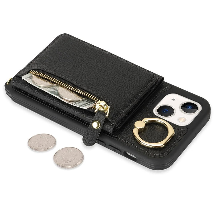 For iPhone 13 mini Case Card Bag Zipper Pocket Leather+TPU Ring Holder Phone Cover with Long Strap - Black - 5