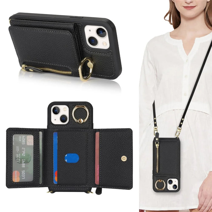 For iPhone 13 mini Case Card Bag Zipper Pocket Leather+TPU Ring Holder Phone Cover with Long Strap - Black - 6