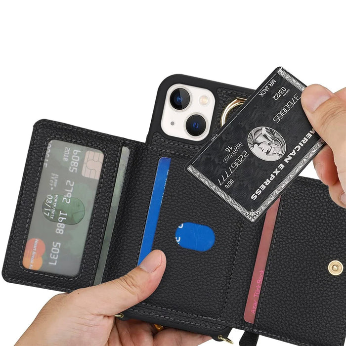 For iPhone 13 mini Case Card Bag Zipper Pocket Leather+TPU Ring Holder Phone Cover with Long Strap - Black - 7