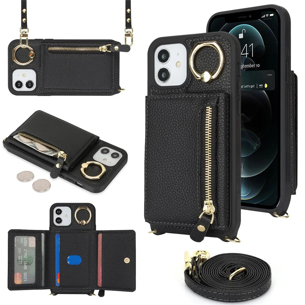 For iPhone 12 / 12 Pro Case Card Bag Ring Holder Litchi Texture Leather+TPU Phone Cover with Long Strap - Black - 1